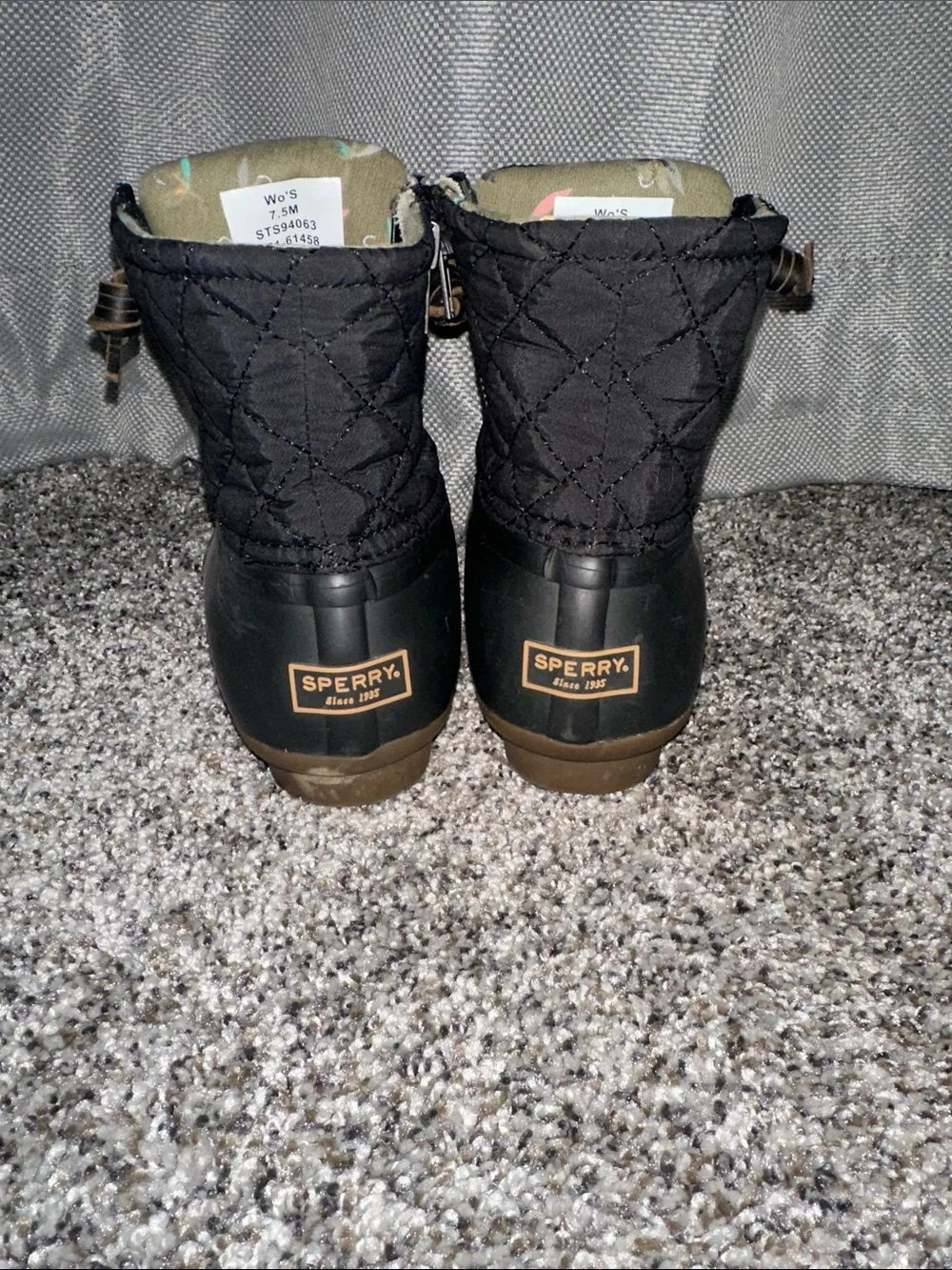 Sperry Black Quilted Duck Rain Boots with Brown Laces